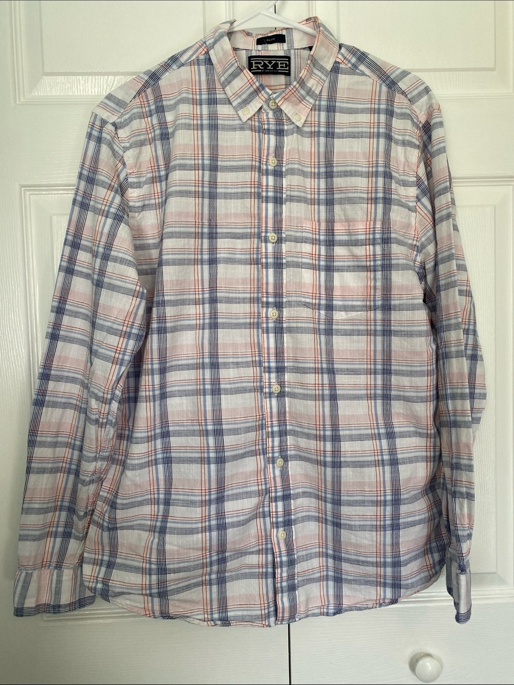 Rye Men's size Large Slim White Plaid Button-Down Shirt with Blue & Red Stripes
